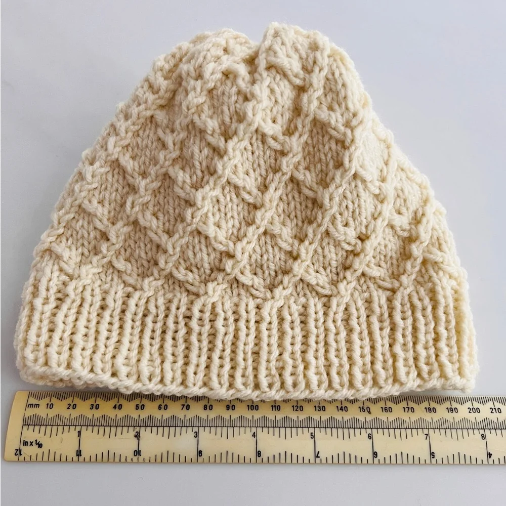 Wool Handmade cream Knit Beanie hat Stretchy Unisex baby toddler 40-50cm beige